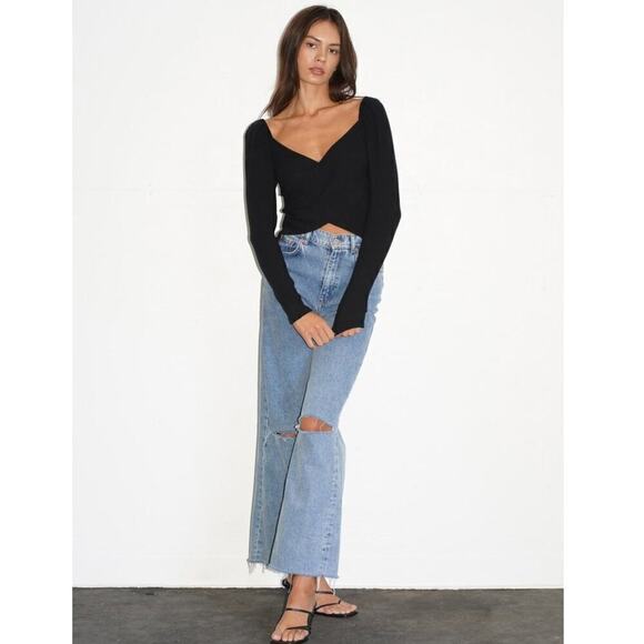 LNA Una Top Black Tencel Blend Ribbed Long Sleeve Wide Neck Cropped Top Size M - Picture 10 of 10